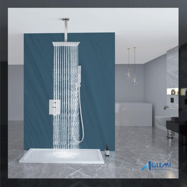 Aolemi Ceiling Mount Shower System Rain Shower Head with Handheld Spray High Pressure Shower Faucet Set Rough-in Valve Shower Trim Kit Included Bathroom Polish Chrome 12 Inch Ceiling Shower Head