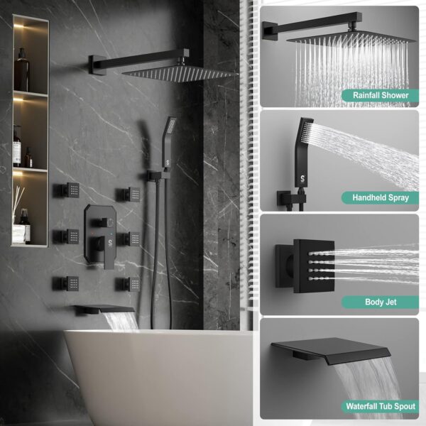 Waist Massage Spray Shower System with 6 Body Jets and Tub Spout, 12'' Rainfall Bathtub Shower System with Shower Jet, Wall Mounted Rain Shower and Handheld Shower Faucet Sets Complete, Matte Black