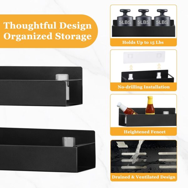 Kitchen Spice Rack: 2 Packs Black Adhesive Wall Mount - 11.8" Large Hanging Storage Organizer Cabinet Without Drilling for Smooth Wall - Work Room Bathroom Shelves