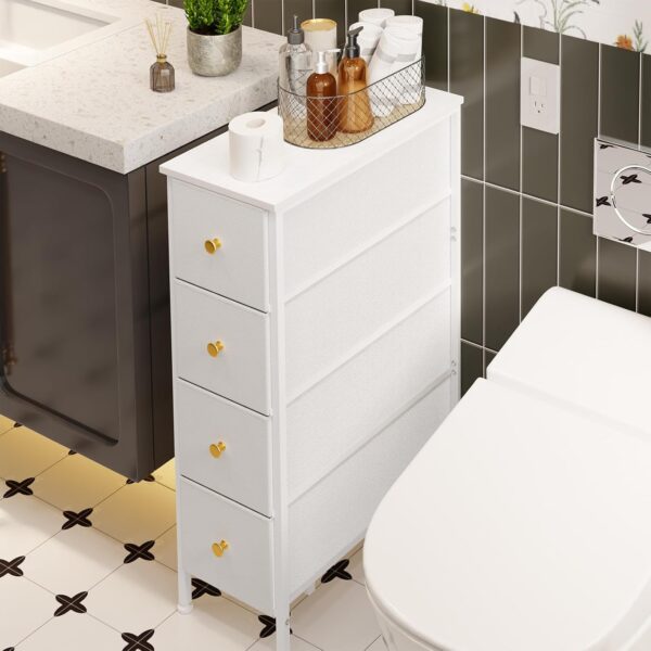 Fixwal Narrow Storage Cabinet, Narrow Nightstand Dresser with 4 Drawers, Slim Fabric Dresser Storage Tower for Small Spaces, White Dresser, for Bedroom, Bathroom, Laundry, Closet