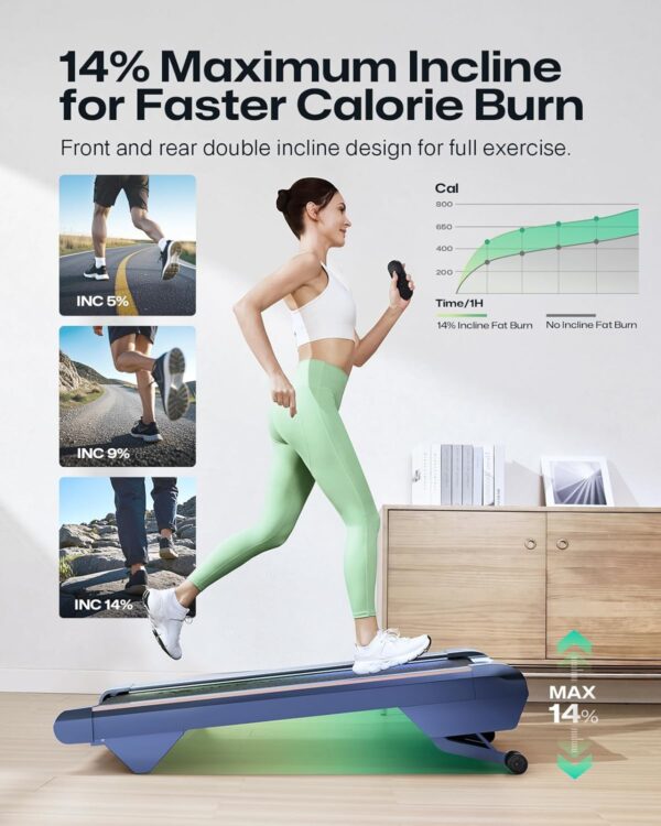 UREVO Smart Walking Pad with 14% Incline, Under Desk Treadmill for Home Use, Extended Walking Surface, LED Remote, Speed-Responsive Lighting, Quiet Brushless Motorized, UREVO APP