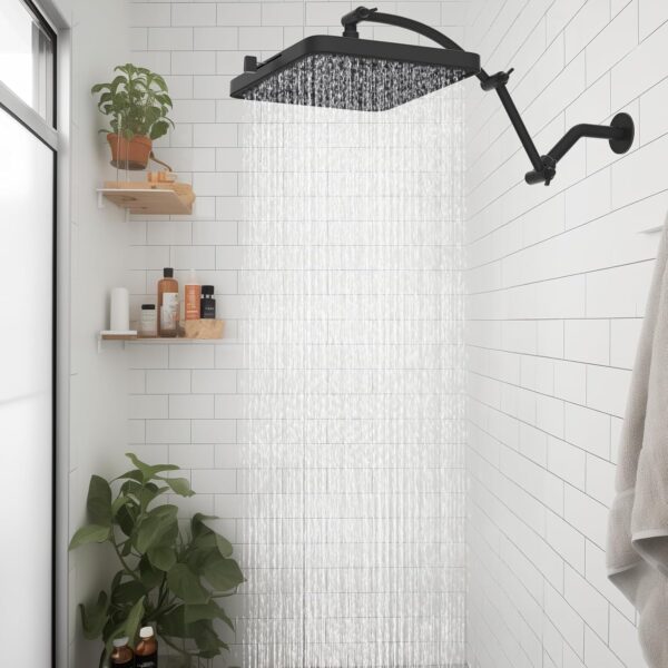 Hibbent Rain Shower Head, 13'' High Pressure Rainfall 5 Spray Mode Showerhead with 16" Shower Head Extension Arm, Solid Brass Adjustable Shower Arm Extender, Waterfall fixed Showerheads, Matte Black