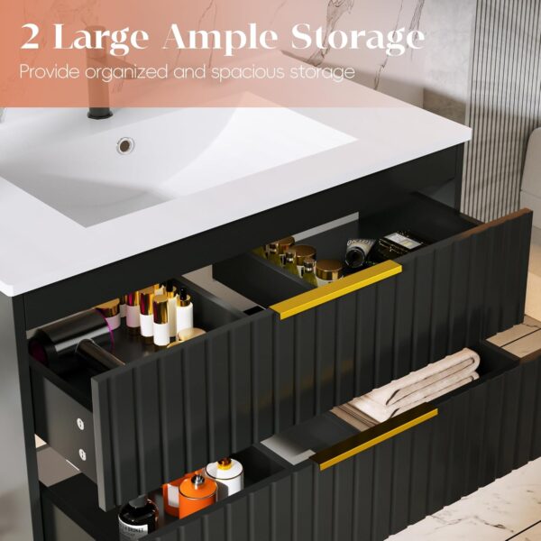 36" Bathroom Vanity with Sink, Floating Vanity Bathroom Sink Cabinet Wall Mount, Soft-Close Function 2 Large Drawers, Grooved Stripe Design, Hidden Damping Drawers, Black
