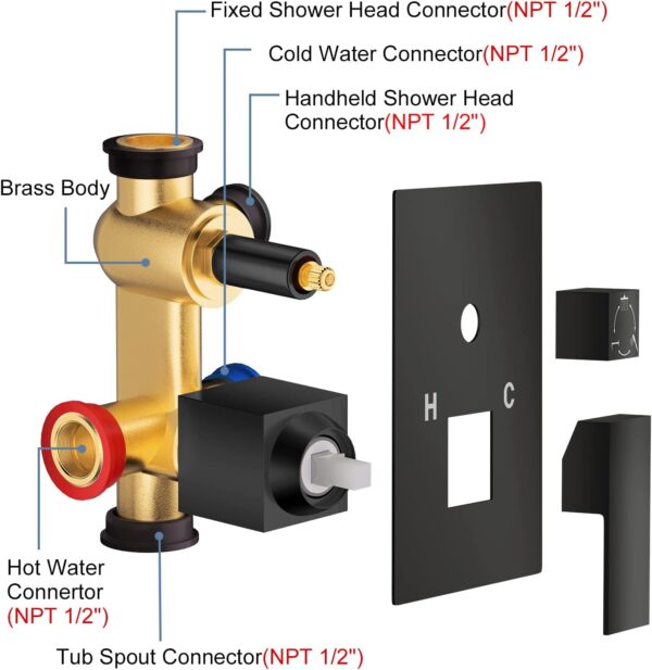 10 Inch Shower System with Tub Spout, 3 Function Matte Black Bathtub Shower Faucet Set, Wall Mounted Bathroom High Pressure Rain Shower Head with Handheld Sprayer Rough in Valve Body and Trim