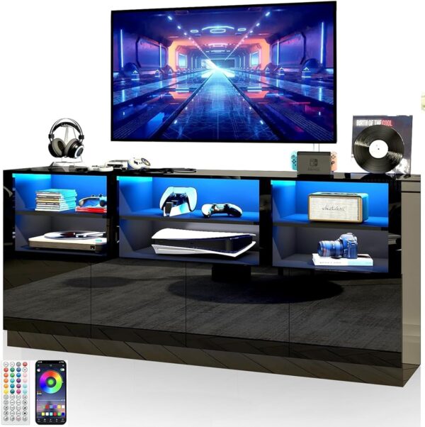 Black TV Stand for 65/75/80/85 Inch TVs with RGB LED Lights,32'' Tall Modern High Gloss Entertainment Center Cabinet Stands with Storage Shelves and Doors,TV Media Console Table for Living Room