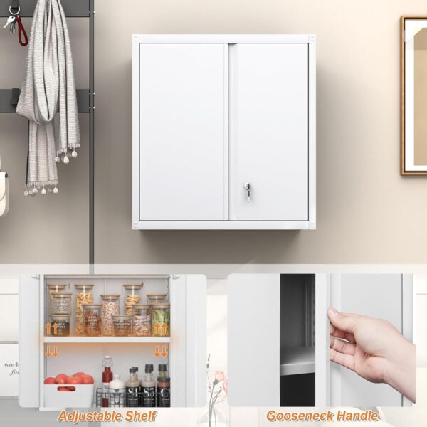 GREATMEET Metal Wall Cabinet, Metal Wall Cabinets for Garage, Wall Mount Cabinet with Lock, Upper Cabinets Wall Mounted, Hanging Utility Cabinet with Adjustable Shelf