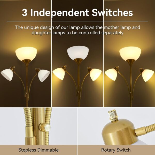 Floor Lamps for Living Room,Standing Lamp with Stepless Dimming, 3 Lights Adjustable Reading Lights, Morden Tall Lamps for Living Room, Bedroom, Office, Gold