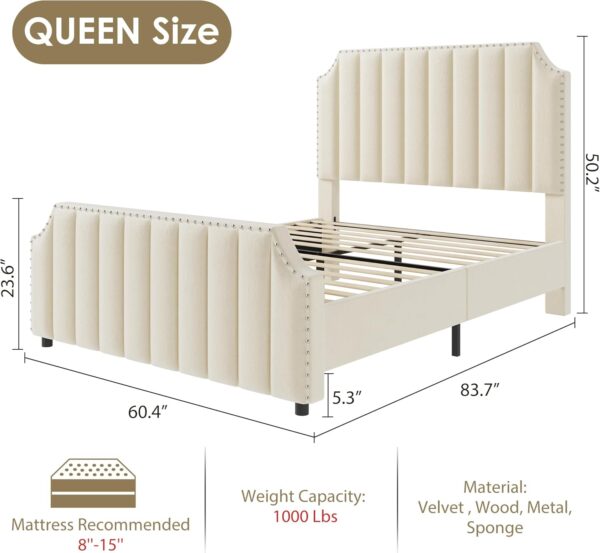 Queen Size Platform Bed Frame with 50.2" Headboard, Velvet Upholstered Bed Frame Queen with Vertical Channel Tufted Headboard & Footboard, Nailhead Trim, No Box Spring Needed, Cream