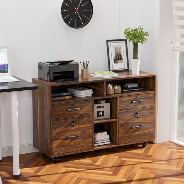 VINGLI Wide 4 Drawer File Cabinet with Lock, Wood Lateral File Cabinet with Open Shelves, Lockable Rolling File Cabinets for Home Office, Dark Brown File Cabinet Printer Stand, Letter Sized