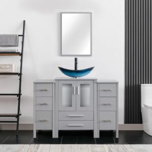 eclife 48" Modern Bathroom Vanity Sink Combo Gray W/Small Side Cabinets Blue Boat Glass Vessel Sink & Water Save Faucet & Pop Up Drain (A29BU)