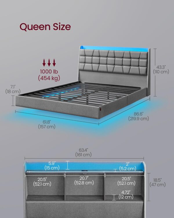 VASAGLE Queen Size Floating Bed Frame with LED Lights, Queen Bed Frame with Charging Station, Tufted Storage Headboard, Upholstered Platform Bed Frame, No Box Spring Needed, Light Gray URMB851G01