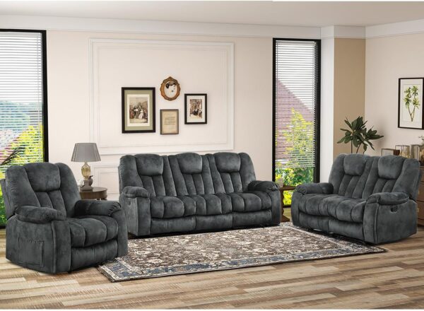 3 Pieces Recliner Sofa Furniture Set, Manual Recliner with Massage and Heat, Loveseat and Bonded 3 Seat Reclining Couch Set for Living Room, Green Grey
