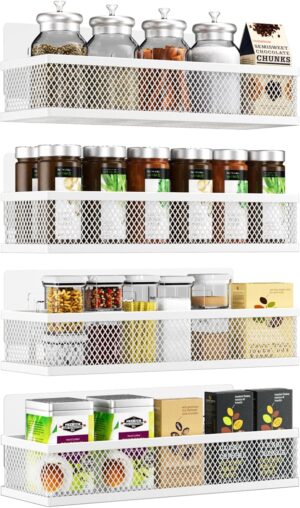 Spice Rack Wall Mounted, 4 Pack Pantry Door Organizer & Hanging Storage Baskets Organizer Wall Mount, Large Capacity Metal Spice Shelf for Kitchen Cabinet, Pantry Doors, Bathroom, Shower, Home Decor