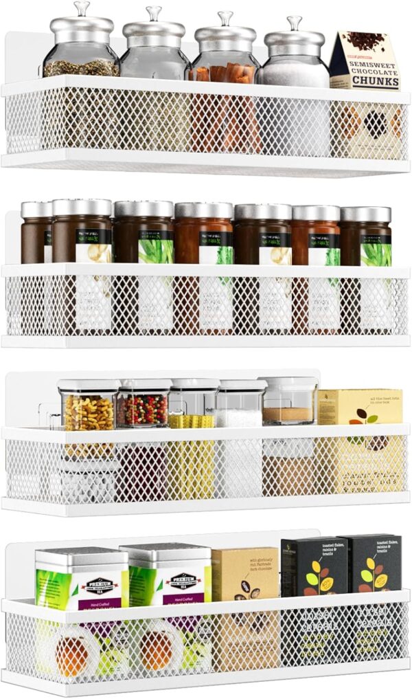 Spice Rack Wall Mounted, 4 Pack Pantry Door Organizer & Hanging Storage Baskets Organizer Wall Mount, Large Capacity Metal Spice Shelf for Kitchen Cabinet, Pantry Doors, Bathroom, Shower, Home Decor