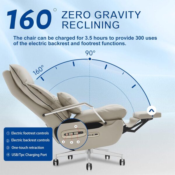 Ergonomic Executive Office Chair with Footrest – 400LBS Big and Tall PU Leather Desk Chair, One-Click Electric Recline with Massage & Pillow Support, High Back Wide Seat for Home Office (White)