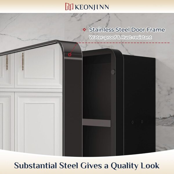 Keonjinn 20 x 32 Inch Black Mirrored Medicine Cabinet, Recessed Medicine Cabinets for Bathroom, Gloss Black Stainless Steel Framed, Adjustable Shelves, In Wall or Surface Mount, Sturdy & Heavy, Modern