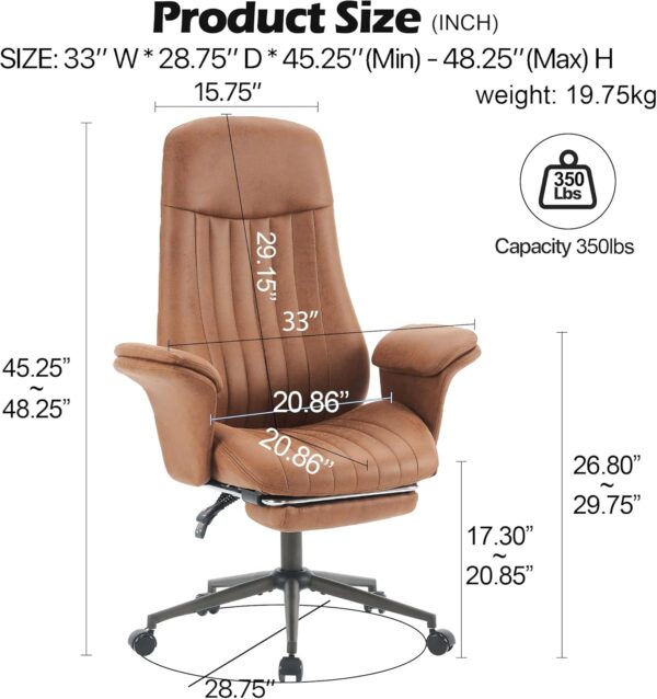High Back Ergonomic Home Office Desk Chair, Modern Lumbar Support Recline Executive Office Chair with Foot Rest, Suede Leather Swivel Computer Chair with Detachable Arms (Light Brown Suede Fabric)