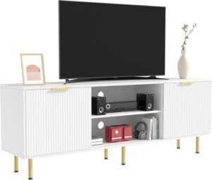 TV Stand for 65+ Inch TV, Mid Century Modern TV Stand for Bedroom, TV Entertainment Center with Storage Cabinets, TV Consoles for Living Room, White