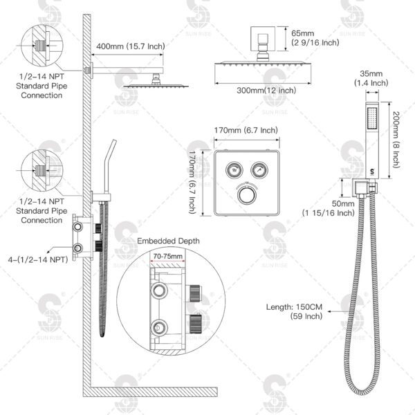 SR SUN RISE 100℉ Thermostatic Shower System,12" Luxury Rainfall Shower Head and High-Pressure Handheld Bathroom Shower Faucet Set,Shower Valve and Trim Kit Included (Polished Chrome)