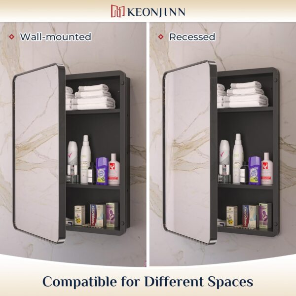 Keonjinn 20 x 32 Inch Black Mirrored Medicine Cabinet, Recessed Medicine Cabinets for Bathroom, Gloss Black Stainless Steel Framed, Adjustable Shelves, In Wall or Surface Mount, Sturdy & Heavy, Modern
