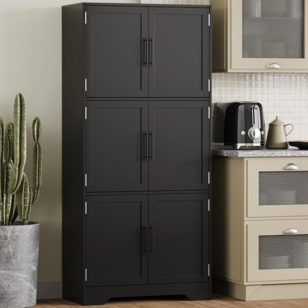 Cozy Castle Kitchen Pantry Cabinet with Soft Doors and Adjustable Shelves 68.5", Freestanding Cupboard for Dining Room Living Room Bathroom Linen & Laundry Black