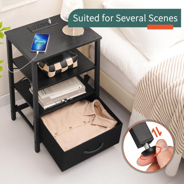 Yoobure Side Table with Storage, LED Night Stand with Charging Station, End Tables Living Room, Nightstand for Bedroom with Adjustable Fabric Drawer, 3-Tier Wood Bedside Table, Black