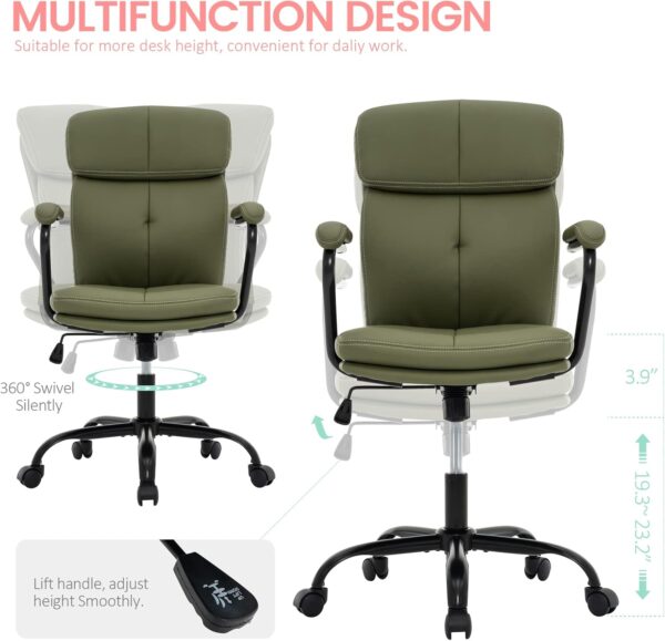 Home Office Chair, Modern Upholstered Mid-Back PU Leather Task Desk Chair with Arms, Adjustable Rocking Swivel Computer Chair with Wheels (Olive Green)