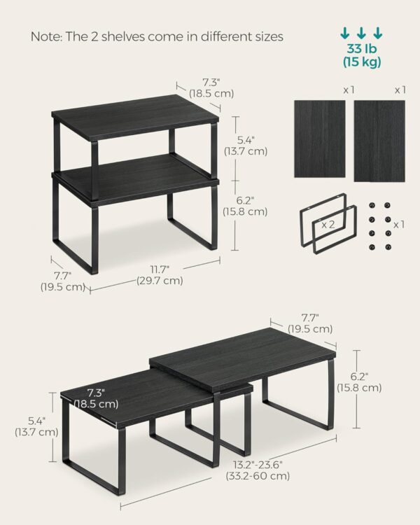 SONGMICS Cabinet Organizer Shelf, Set of 2 Kitchen Counter Shelves, Kitchen Storage, Spice Rack, Stackable, Expandable, Metal and Engineered Wood, Ink Black and Ebony Black UKCS02B01