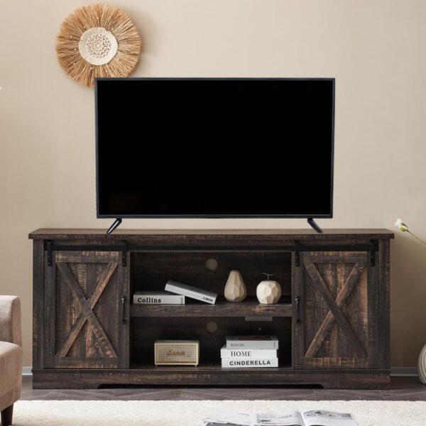 AMERLIFE 66" Farmhouse TV Stand for 75 Inches TVs, Entertainment Center with Sliding Barn Door and Adjustable Shelf & Feet, Console Table with Storage, Dark Rustic Oak