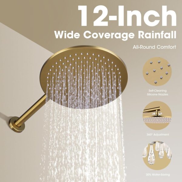 TRUSTMI 12 inch Round Bathroom Luxury Rain Mixer Combo Set Wall Mounted Rainfall Shower Head System Brushed Gold, (Contain Faucet Rough-in Valve Body and Trim)