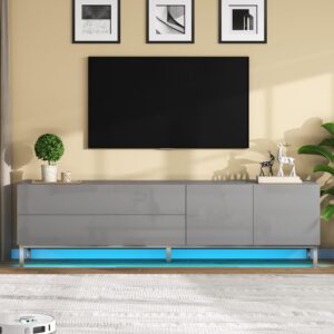 AMERLIFE 70in LED TV Stand for TVs up to 80", Modern High Gloss Entertainment Center with Storage Drawer and Cabinet, TV Console Table with Electroplated Feet for Living Room, Bedroom, Grey