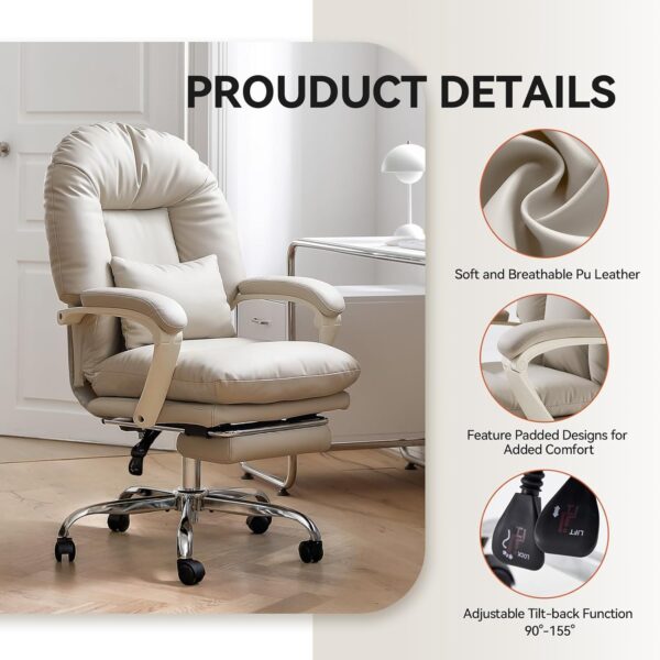 EMIAH Ergonomic Office Chair with Foot Rest Criss Cross Chair with Wheels Reclining Executive Office Chair Mid Back PU Leather Swivel Desk Chair Lumbar Support for Home Office (Beige)