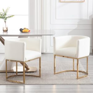 Faux Leather Dining Chairs Set of 2 Modern Barrel Arm Chairs with Golden Metal Frame, Upholstered Kitchen Chairs 18.5" Wide Accent Chairs for Living Room Dining Room Restaurant, White