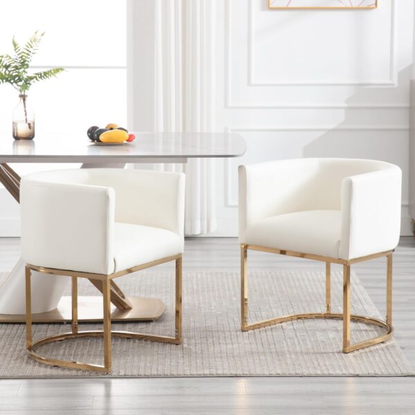 71QOeyCgqcL._AC_SL1500_.jpg Faux Leather Dining Chairs Set of 2 Modern Barrel Arm Chairs with Golden Metal Frame, Upholstered Kitchen Chairs 18.5" Wide Accent Chairs for Living Room Dining Room Restaurant, White