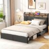 LED Queen Bed Frame with Storage and Headboard, USB & AC Outlet Charging Station, Queen Size Platform Bed with RGB LED Lights, Upholstered Fabirc Headboard, No Box Spring Needed, Grey