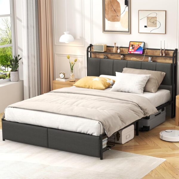 LED Queen Bed Frame with Storage and Headboard, USB & AC Outlet Charging Station, Queen Size Platform Bed with RGB LED Lights, Upholstered Fabirc Headboard, No Box Spring Needed, Grey