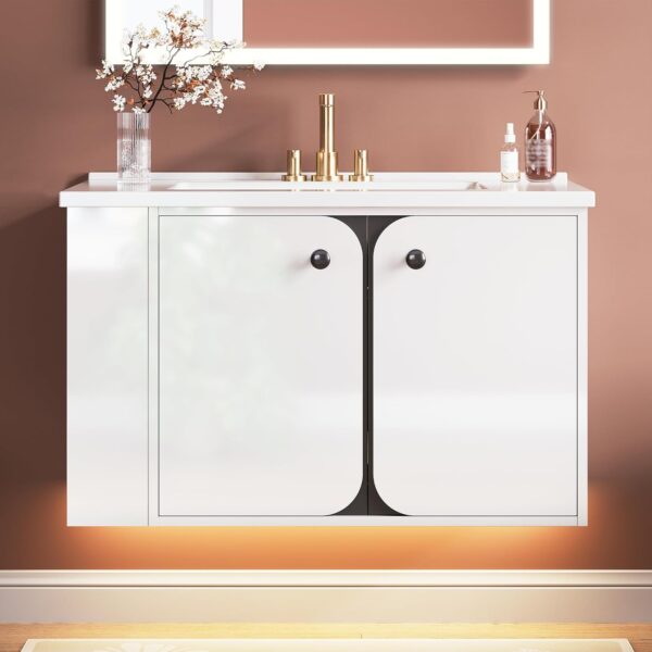 IRONCK 30" Bathroom Vanity with Sink, Floating Bathroom Sink Cabinet with LED Light & Extra Shelves, High Gloss Modern Clearance Bathroom Vanities, White