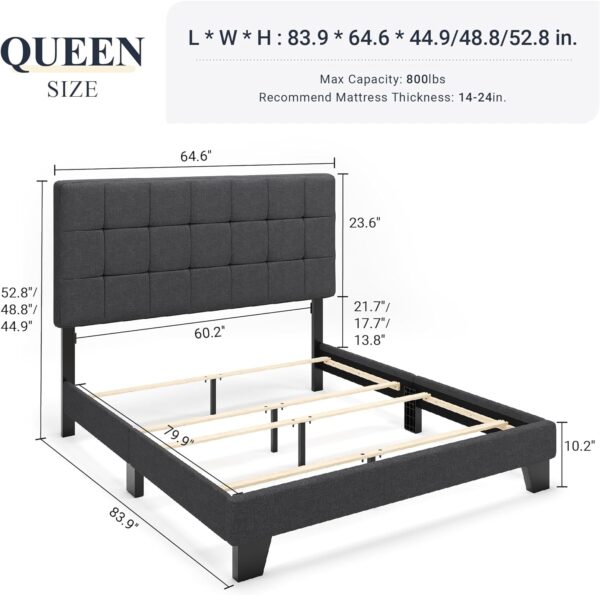 Allewie Queen Size Panel Bed Frame with Adjustable Headboard for High Profile/Fabric Upholstered/Square Stitched Padded Headboard/Box Spring or Bunkie Board Required/Dark Grey