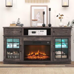 Curved Fireplace TV Stand with LED Light for TVs Up to 65", Entertainment Center with 23" Electric Fireplace, TV Stand with Glass Door Storage Cabinets & Open Shelves for Living Room, Black