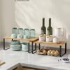 SONGMICS Cabinet Organizer Shelf, Set of 4 Kitchen Counter Shelves, Kitchen Storage, Spice Rack, Stackable, Expandable, Metal and Engineered Wood, Ink Black and Natural Beige UKCS210B01