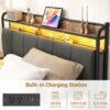 LED Queen Bed Frame with Storage and Headboard, USB & AC Outlet Charging Station, Queen Size Platform Bed with RGB LED Lights, Upholstered Fabirc Headboard, No Box Spring Needed, Grey