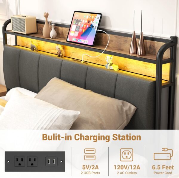 LED Queen Bed Frame with Storage and Headboard, USB & AC Outlet Charging Station, Queen Size Platform Bed with RGB LED Lights, Upholstered Fabirc Headboard, No Box Spring Needed, Grey