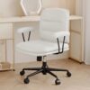 White Leather Desk Chair with Arms,Modern Office Chair with Lumbar Support,Removable Armrests, Height-Adjustable Swivel Medium Computer Chair for Home, Office, Dresser, Bedroom