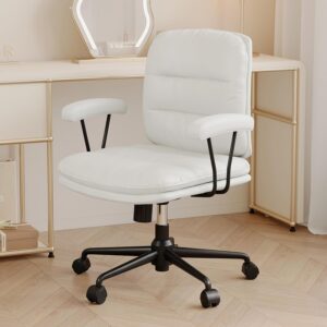 White Leather Desk Chair with Arms,Modern Office Chair with Lumbar Support,Removable Armrests, Height-Adjustable Swivel Medium Computer Chair for Home, Office, Dresser, Bedroom