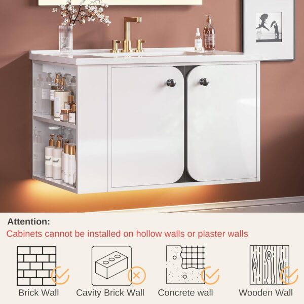 IRONCK 30" Bathroom Vanity with Sink, Floating Bathroom Sink Cabinet with LED Light & Extra Shelves, High Gloss Modern Clearance Bathroom Vanities, White