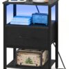 Yoobure Side Table with Storage, LED Night Stand with Charging Station, End Tables Living Room, Nightstand for Bedroom with Adjustable Fabric Drawer, 3-Tier Wood Bedside Table, Black