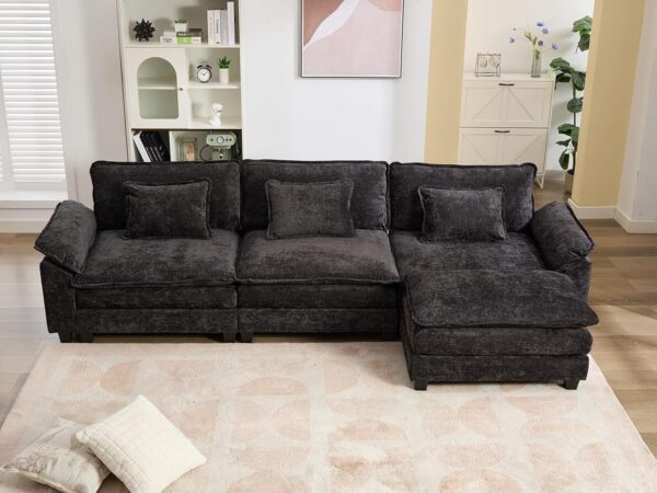 IPKIG 117" Sectional Sofa Cloud Couch, Modern Chenille Comfy Upholstered 3-Seat Sofa with Ottoman, 3 Lumbar Pillow, Deep Seat Modular Couch for Living Room, Apartment, Office, Studio, Black