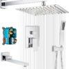 Tub Spout Shower Faucet, Luxury Rain Mixer Shower Combo Set, Wall Mounted Rainfall Shower System, 10 Inch Rain Shower Head, Chrome(Contain Rough-in Valve Body and Trim)