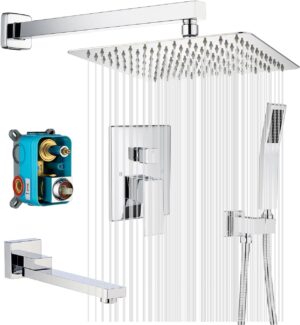 Tub Spout Shower Faucet, Luxury Rain Mixer Shower Combo Set, Wall Mounted Rainfall Shower System, 10 Inch Rain Shower Head, Chrome(Contain Rough-in Valve Body and Trim)