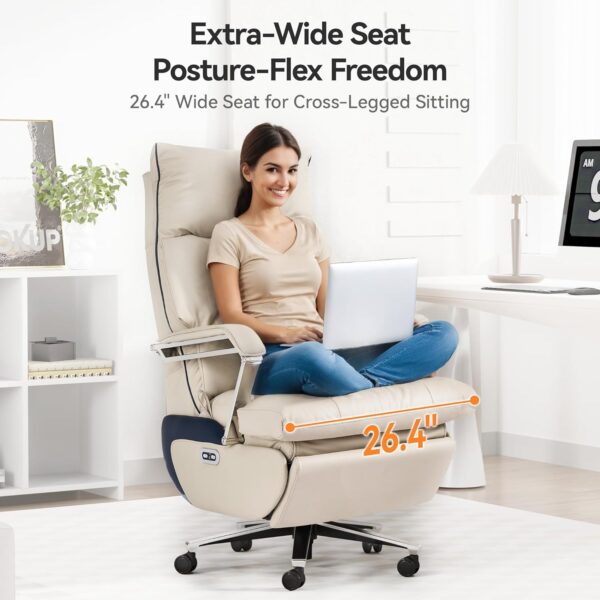 Dual Motor Electric Executive Office Chair with Foot Rest, Comfortable Reclining Office Chair Wide Seat, Big and Tall Ergonomic Leather Home Office Desk Chair 420lbs, Beige